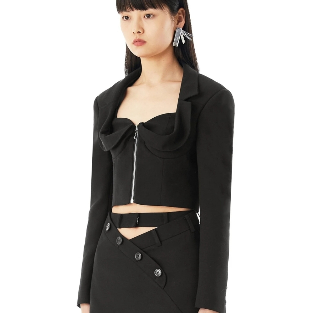 NWT MARRKNULL | Black Corset Suit Jacket Blazer Large Wool Cropped Y3K